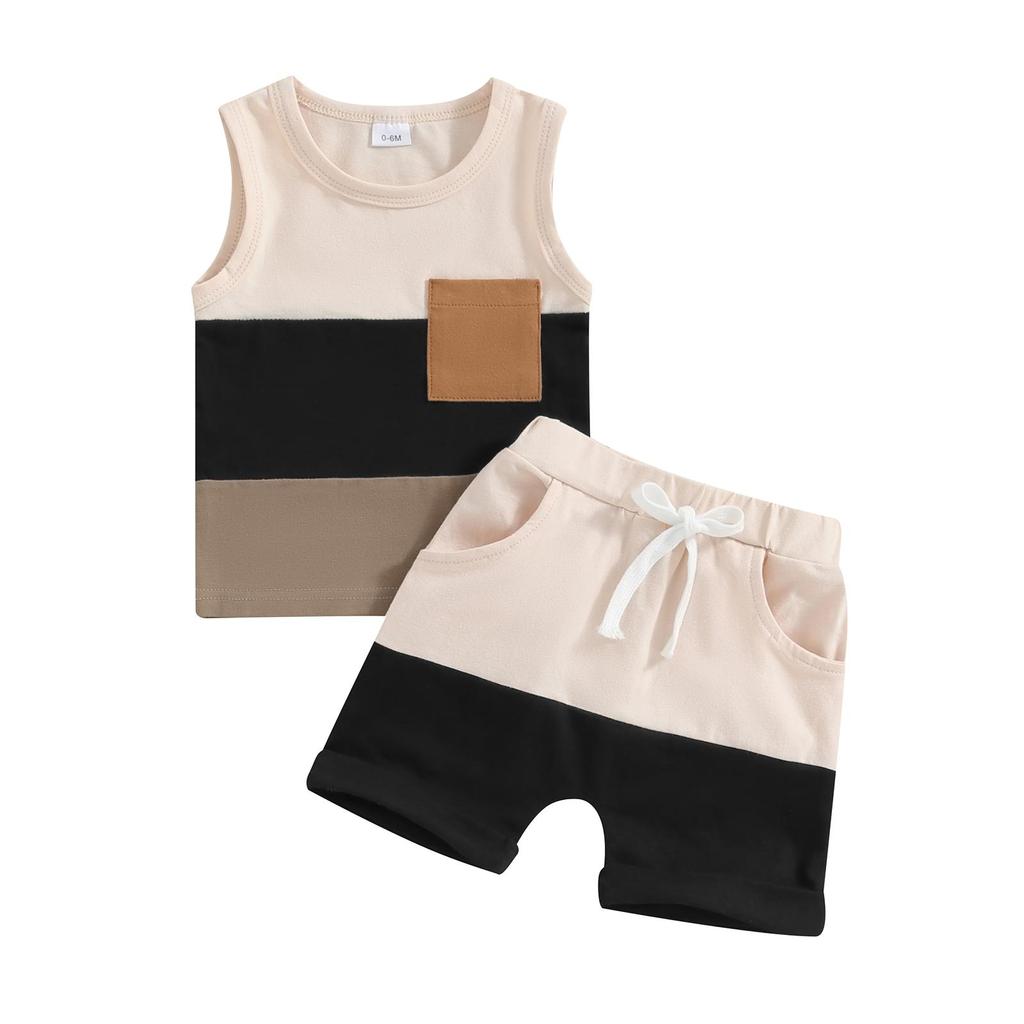 2Pcs Baby Boy Summer Outfits 6M 12M 18M 24M Sleeveless Contrast Color Pocket Tank Tops + Shorts Set Toddler Clothes