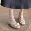 Inner Heightening Satin Thick-heeled Bow Mary Jane Shoes Women's 2025 Soft-soled One-word Strap High-heeled Single Shoes