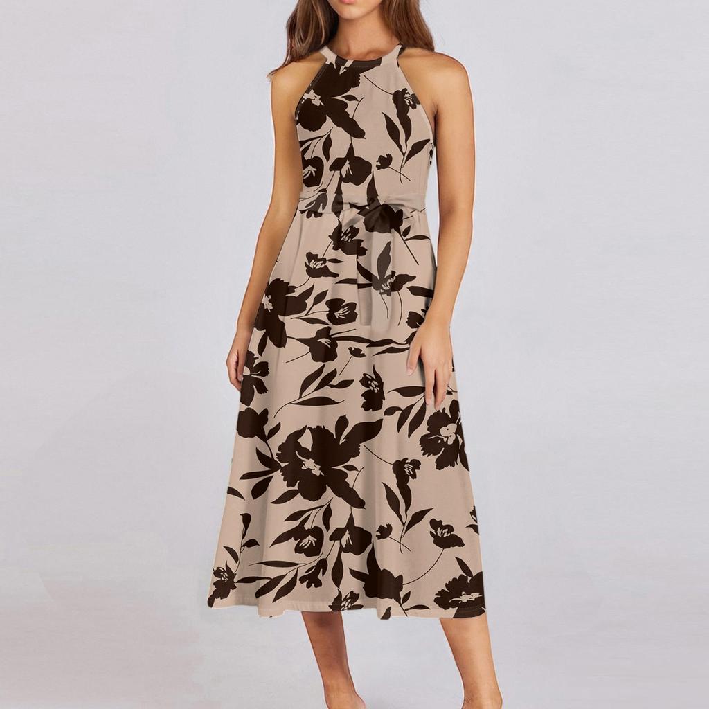 Женское повседневное платье миди с круглым вырезом, классическое, повседневное, без рукавов, свободное платье в стиле бохо с завязками, летний пляжный сарафан