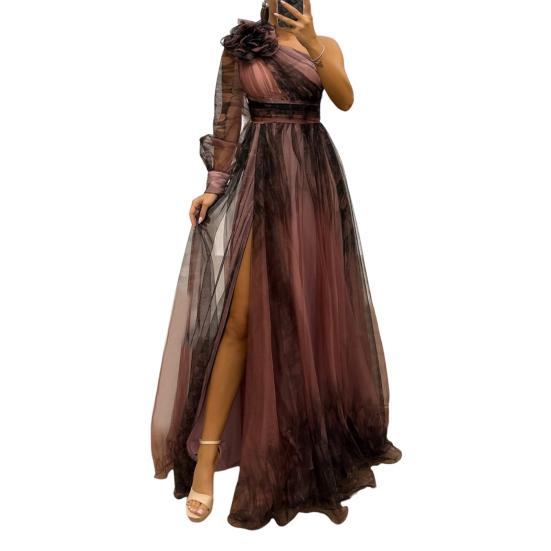 Женское вечернее платье с 3D-цветочным декором на одно плечо, плиссированное, сетчатое, банкетное платье, одно длинное