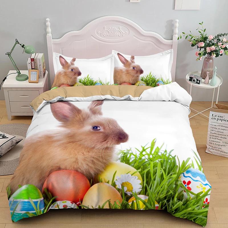 Happy Easter Egg Rabbit King Queen Duvet Cover Cartoon Lovely Bunny Bedding Set Pet Animal Comforter Cover Polyester Quilt Cover