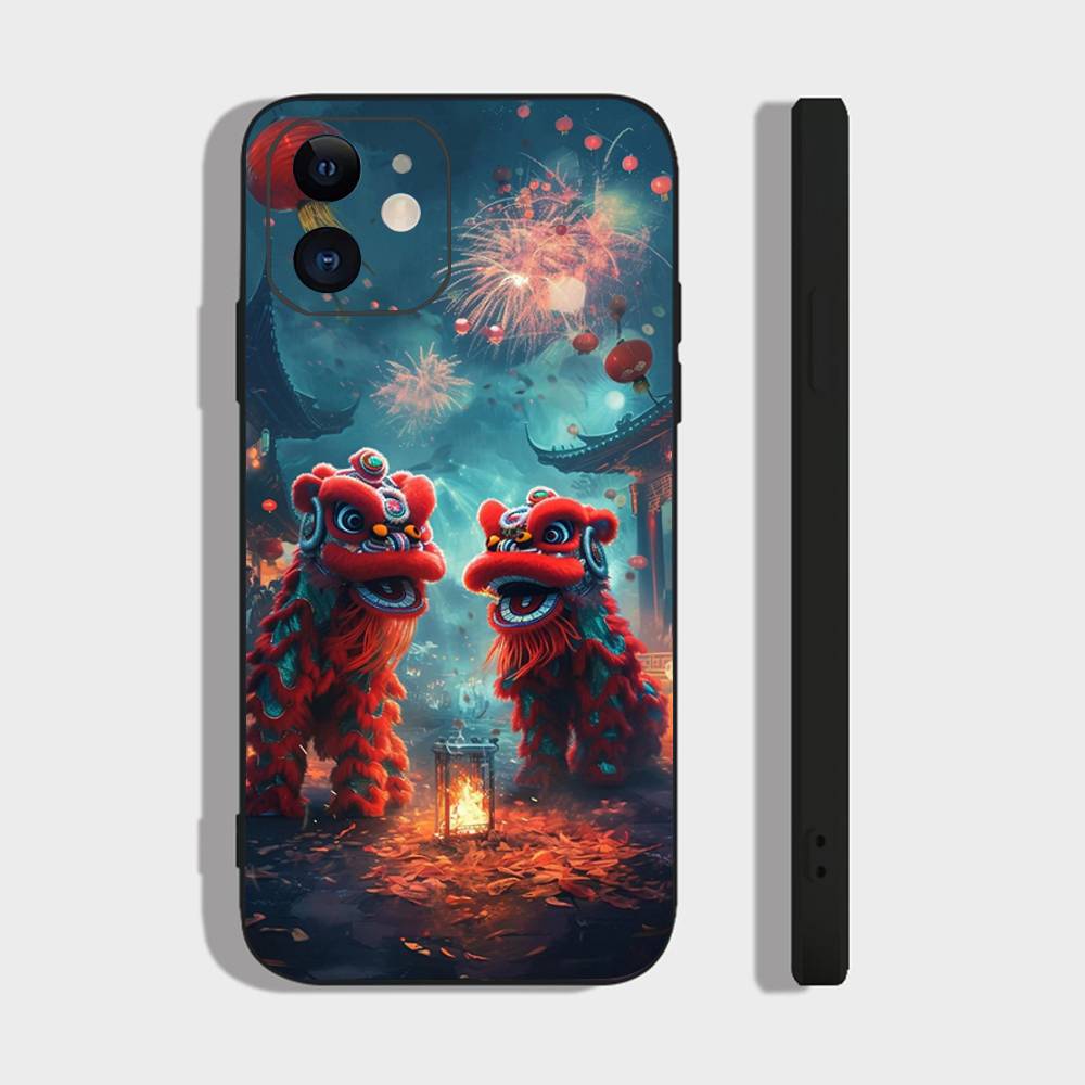 Lion Dance Phone Case For IPhone 17 Air 16 15 14 13 Pro Max 11 12 Black Silicone Cover