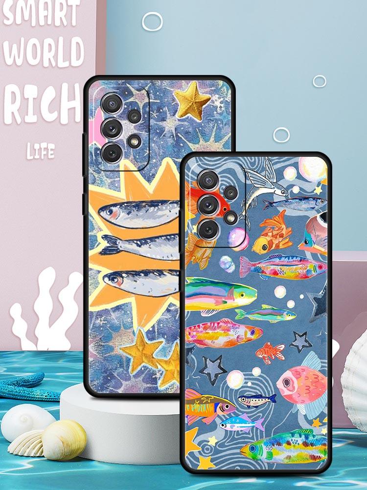 Синий Чехол для Телефона с Рыбами Океана для Samsung Galaxy A55 A35 A17 A07 A15 A13 A25 A51 A71 A72 A73 A32 A52 A52S A41 5G Мягкий ТПУ Чехол-Сумка