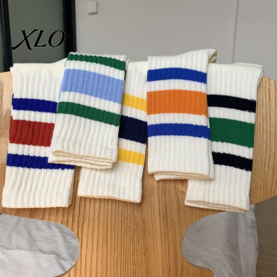 Unisex Mid Calf Socks Mid-calf Sports Socks, Cotton Contrast Striped Crew Moisture Cushioned Footbed Wicking Athletic for Autumn And Winter Daily Wear