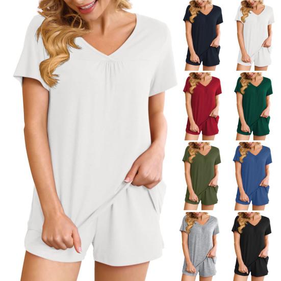 2 шт./комплект, женская летняя пижама, костюм с V-образным вырезом и коротким рукавом, комплект домашней одежды, топ и шорты, комплект свободных шорт, повседневный спортивный наряд