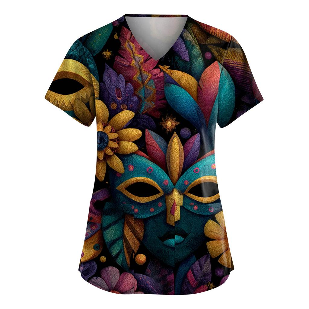 Женская модная рабочая одежда с V-образным вырезом и короткими рукавами, с карманами, топ с карнавальным принтом, униформа для сиделки