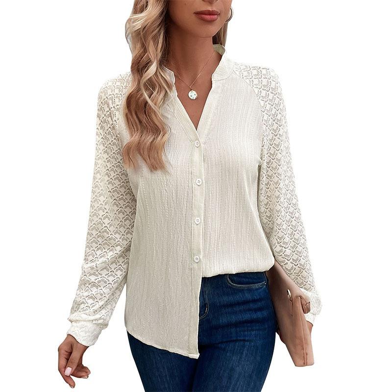 Women S V Neck Lace Long Sleeve Solid Color Casual Shirt