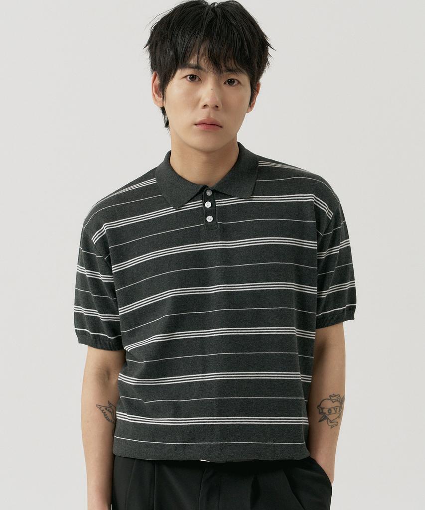 GNOK Striped Henley Neck Short Sleeve Knit [4 Colors]