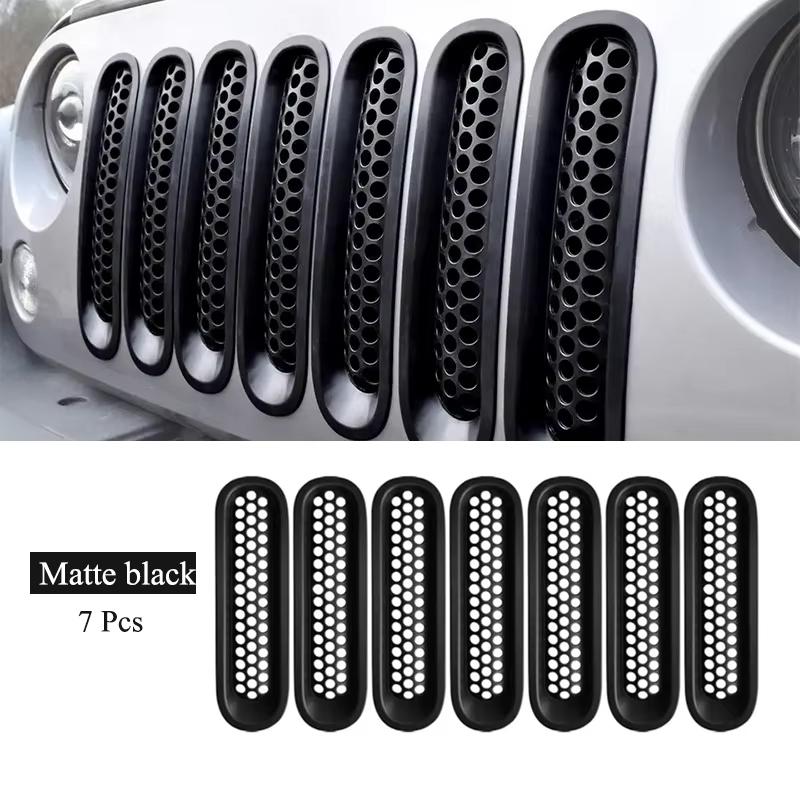 BED1 7Pcs Matte Gloosy Black Front Grille Mesh Inserts Trim Car Sticker Grille Cover Guard for Jeep Wrangler JK 2007-2017 Car Styling