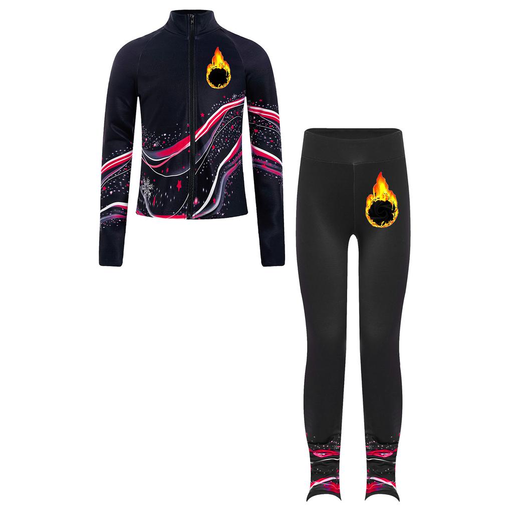 Kids Figure Skating Jacket Set Stand Collar Long Sleeve Printed with Leggings for Workout