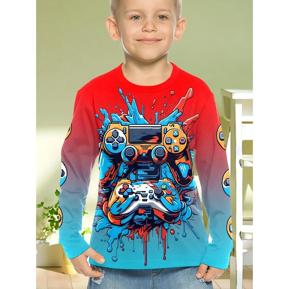 Spring and Autumn Round Neck 3D Gamepad Pattern Printed Top Fashionable Casual Long Sleeved Children's Boy T-shirts