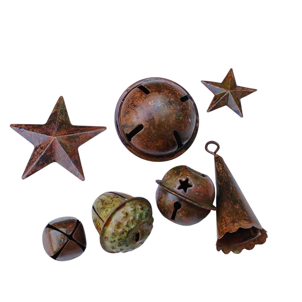 NO DIRTY 6pcs Rustic Bells Mixed Styles Vintage Rusty Metal Christmas Hanging Bells Country Rusty Barn Star Farmhouse Home Deco