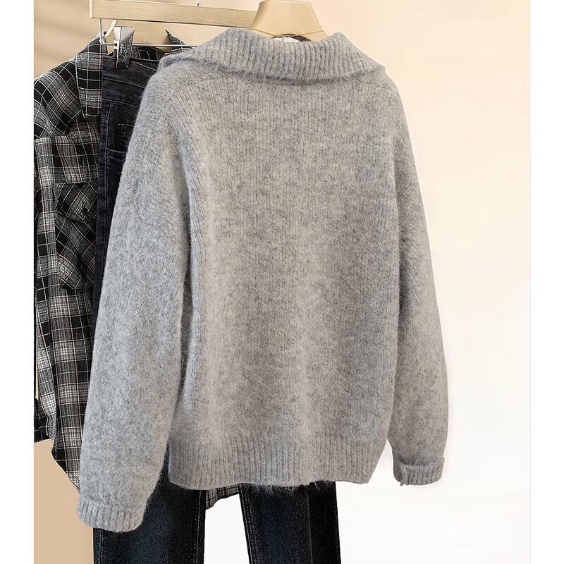 Women's Solid Color Lapel Long Sleeve Loose Sweater
