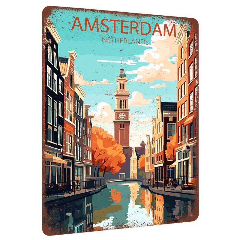 Amsterdam Canal View Metal Wall Art Dutch Cityscape Decorative Painting for Living Room Bedroom
