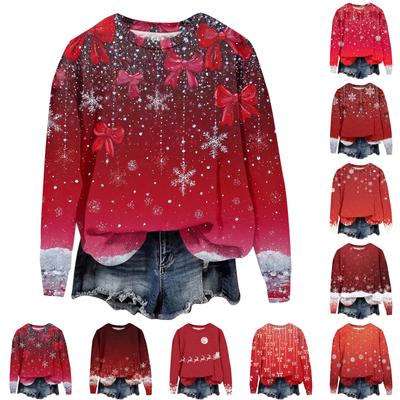 Женская толстовка с рождественским принтом, с длинным рукавом и круглым вырезом, свободный топ