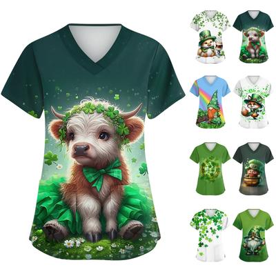 Женская милая блузка с принтом бантиков, рабочая одежда, V-образный вырез, двойной слой, карманы, базовая, с коротким рукавом, пуловер