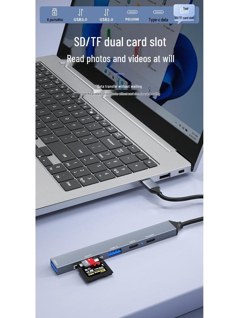 Док-станция расширения 6-в-1 Type-C: USB 3.0, Кардридер TF/SD, Хаб питания PD 100 Вт