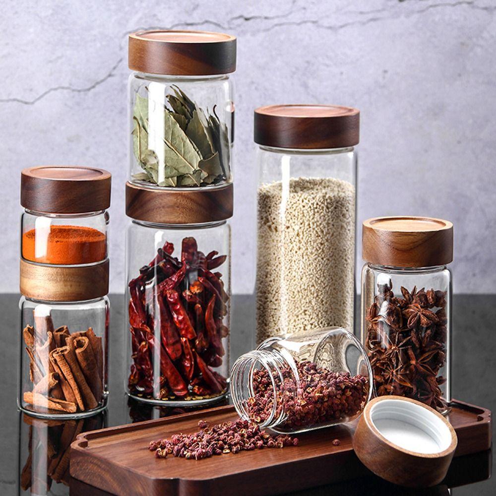 Acacia Wood Miscellaneous Grain With Lids Spice Jars Storage Pots Sealed Can Split Bottle
