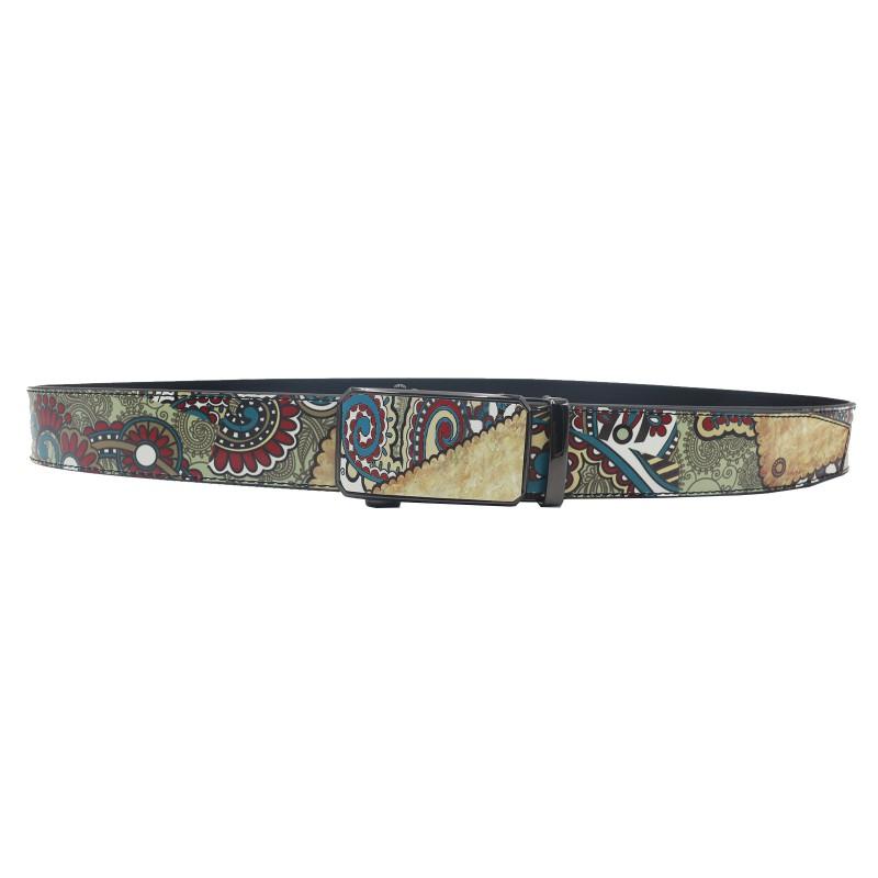 Ethnic Print Automatic Buckle Belt Women Men PU Leather Adjustable Waistband Vintage Style