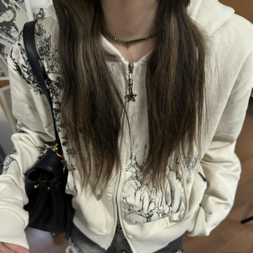 VAYLA Осенние укороченные худи в эстетике Y2k для женщин, повседневные, с принтом, на двойной молнии, в стиле харадзюку, панк, готические куртки в стиле фейри-гранж