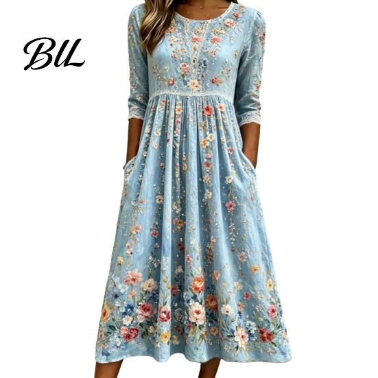 Office Work Dresses for Women Long Sleeve Floral Dress, Cottagecore Waist Cinching Stylish Dates And Shopping Autumn Midi Dress Vacation Street Party