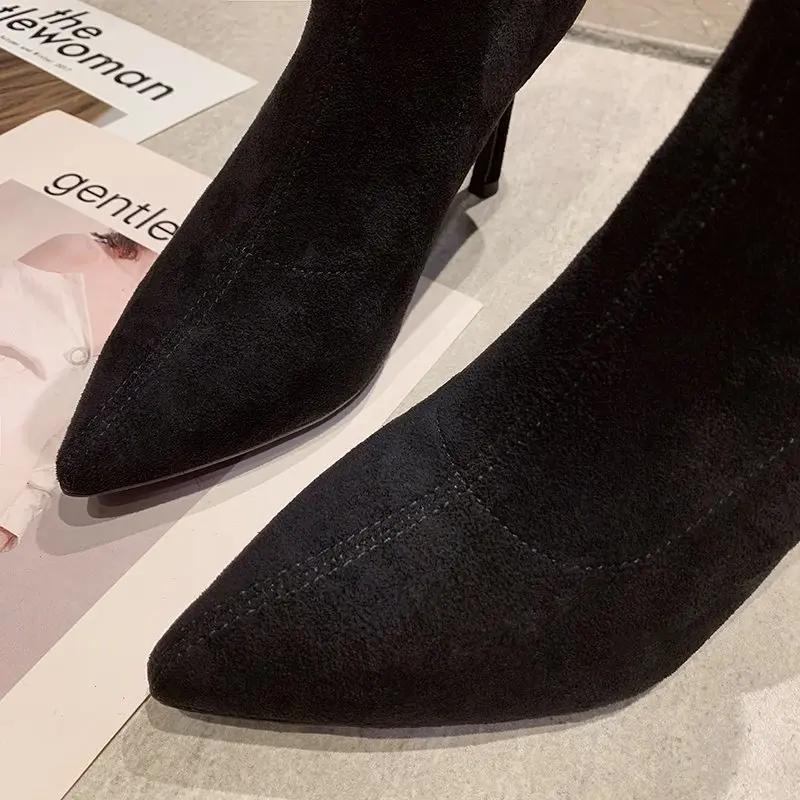 Женские вязаные ботильоны, женская обувь, женские, с острым носком, эластичные, на толстом тонком каблуке, модные, короткие, с носками