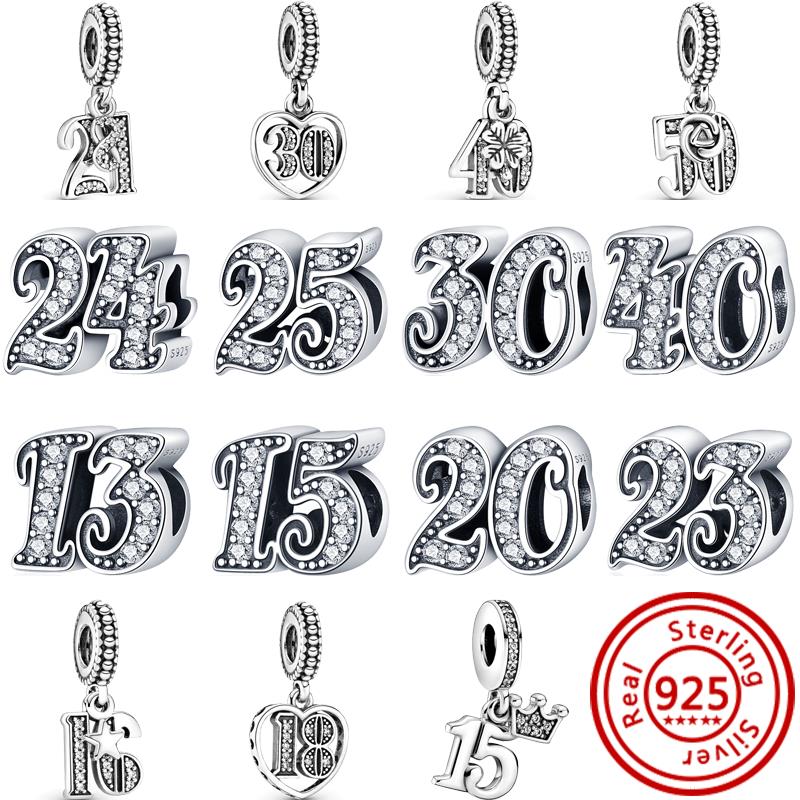 925 Copper 16th 18th 20th 25th 30th 40th 50th Celebration Lucky Numbers Beads Fit Pantaro Charm Bracelet DIY Zircon Anniversary