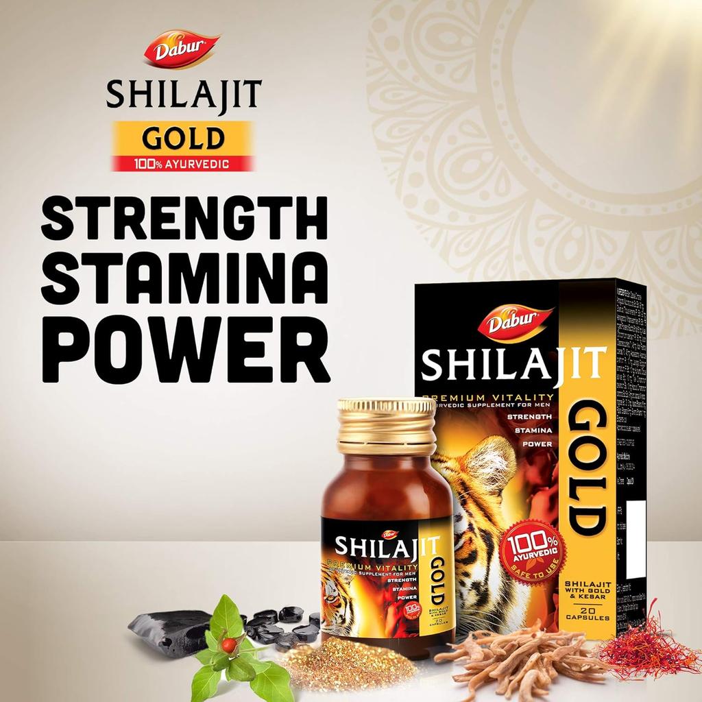 Dabur Shilajit Gold Ayurvedic Capsules For Strength, Stamina And Vitality Support – Natural Wellness Supplement – 10 Capsules Pack