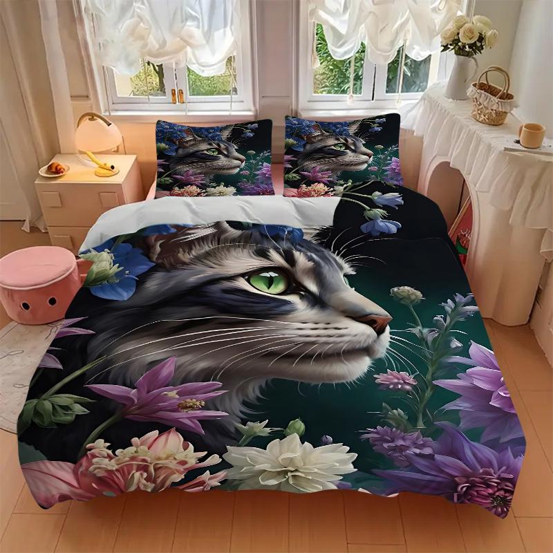 3Pcs Cat Amidst Floral Splendor Bedding Set Soft Fabric Duvet Cover Pillowcases Home Christmas Xmas Halloween Gift 1 Duvet Cover 2 Pillowcase G116