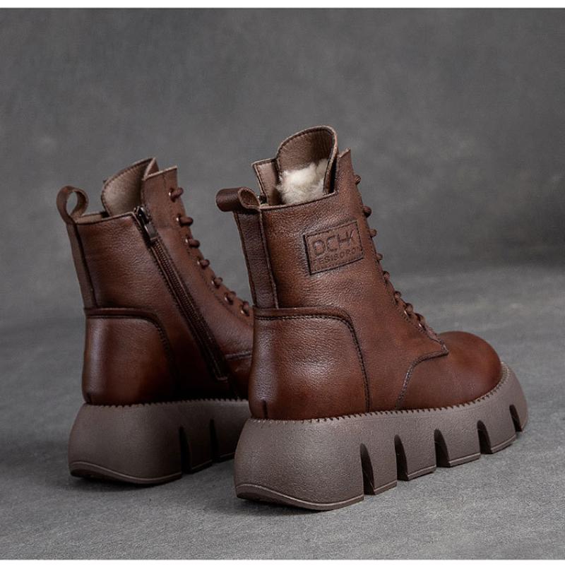 Johnature Женские ботинки из натуральной кожи, зимние ботинки на молнии с круглым носком, женские шитье, ботильоны ручной работы на платформе в стиле ретро