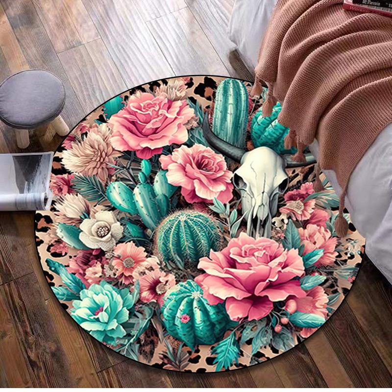 Cow Skull Circular Rug - Office Decorative Carpet For Living Room Bedroom Door Mat Floor Rug Computer Chair Area Rug