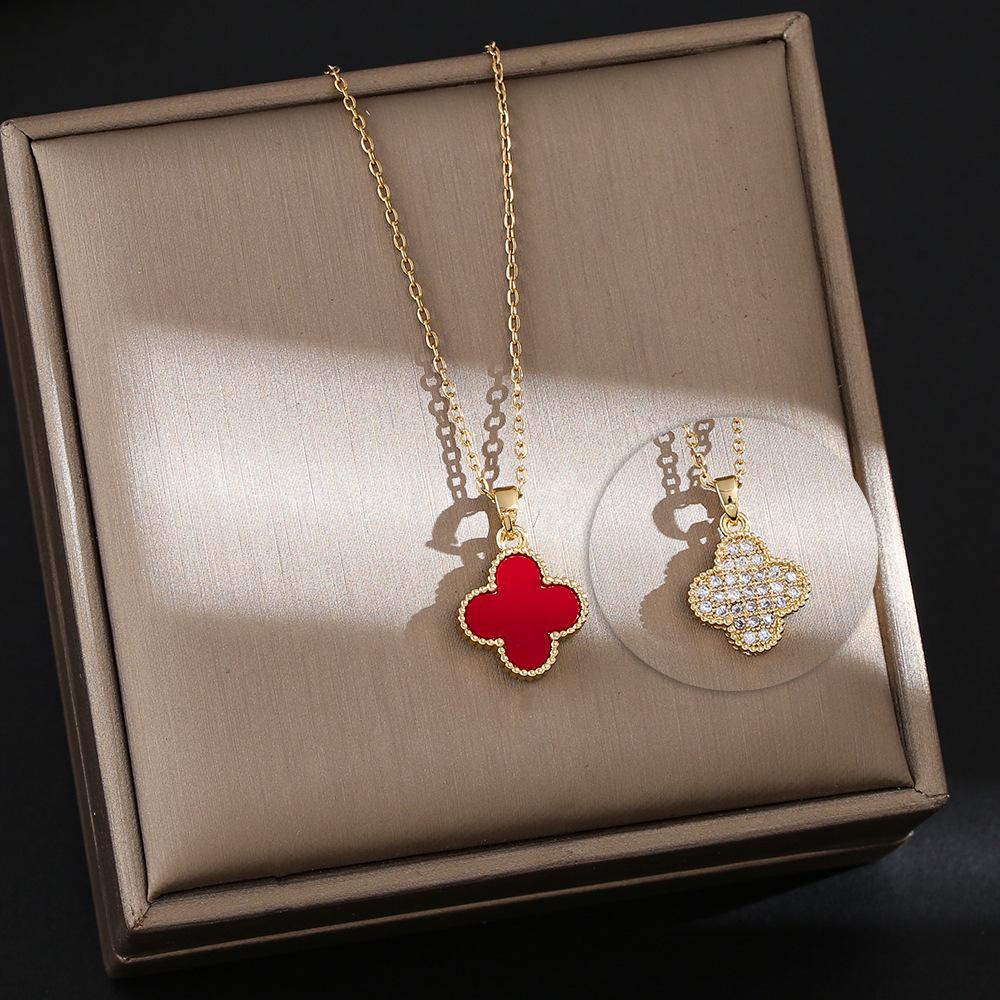 Классическое простое элегантное ожерелье из титановой стали в виде клевера для женщин - Двустороннее, с микро-граненым цирконом для универсальной цепочки-чокера