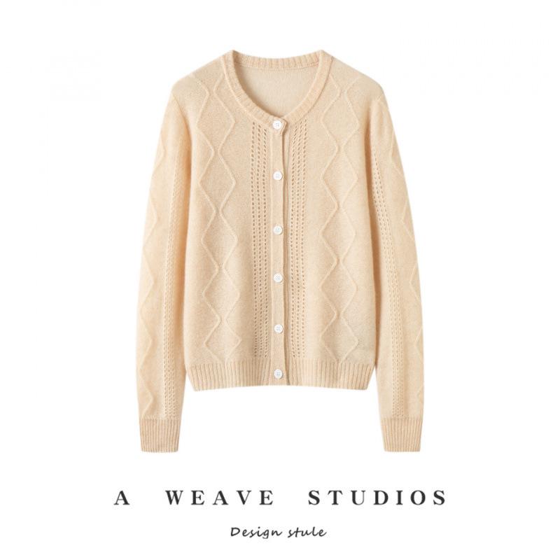 Pure Cashmere Women's V-Neck Cardigan with Elegant Hollow Diamond Pattern for Autumn/Winter
