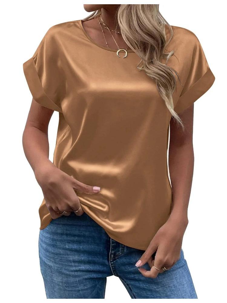 Spring and Summer New Women's Short Sleeve Satin Shirt Loose Casual Round Neck Colored Ding T-shirt Women