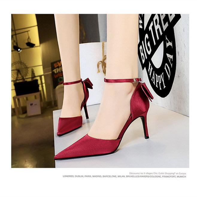 Bigtree Sexy High Heels 8cm Women's Silk Shallow Mouth Pointed Head Straight Line Sandals with Bowknot