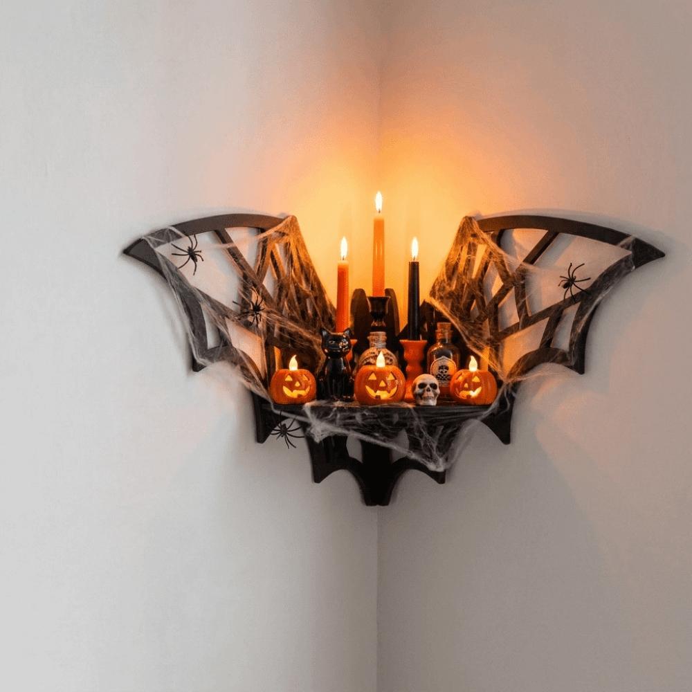 Black Bat Corner Shelf Wooden Wall Display Shelf Spooky Decor Floating Storage Shelf  Party