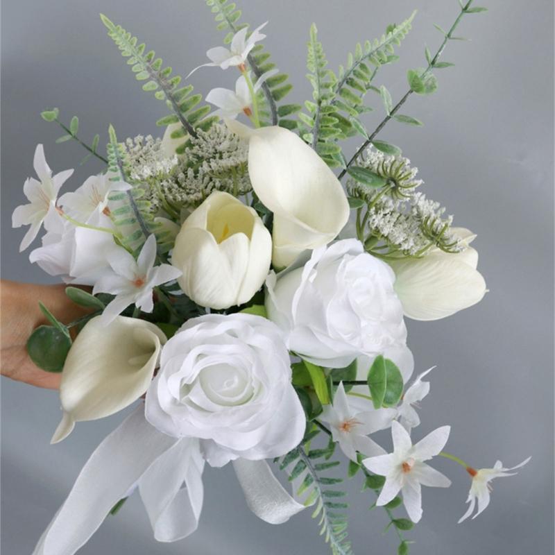 White Bridal Bouquets Wedding Bouquets with Ribbon for Bridal, Bridesmaids, Anniversary, Wedding Party Decorations