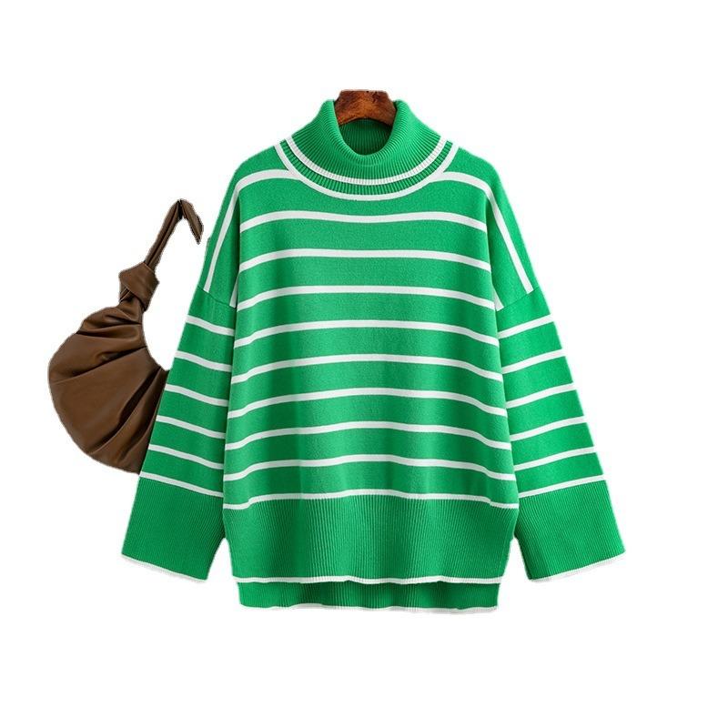 Autumn and Winter Women's Sweater Knit Sweater Pullover Clashing Stripes High Neck Loose Casual Sweater