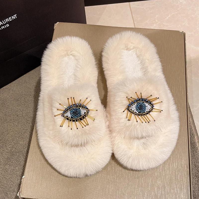 Fashion Ladies Winter Fashion Soft Warm New Comfort Flat Fur Slipper Outside Fluffy Slippers Indoor Plush Shoe Women's Luxury Slippers