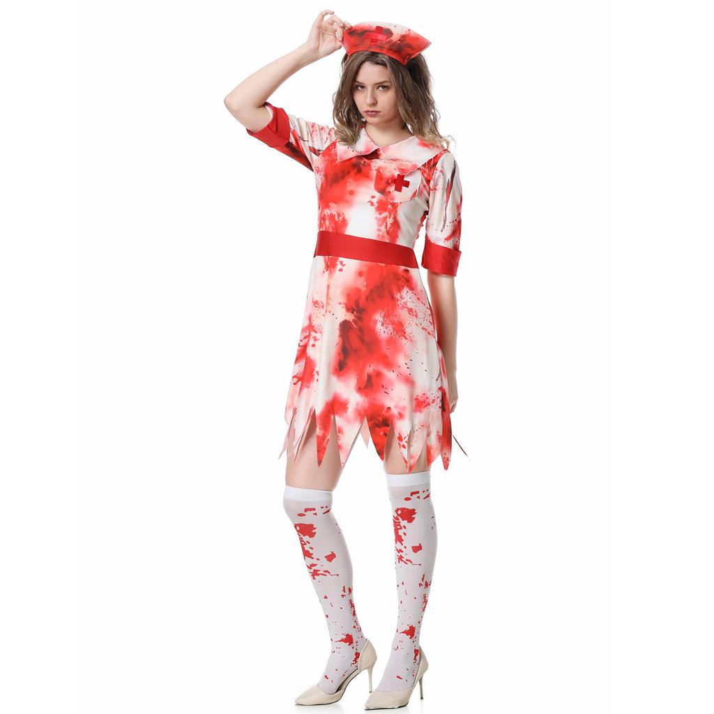 CosplayM-XL Halloween COS Vampire Nurse Uniform, Cosplay Bloody Zombie Nurse Uniform Bloody Female Nurse Skirt