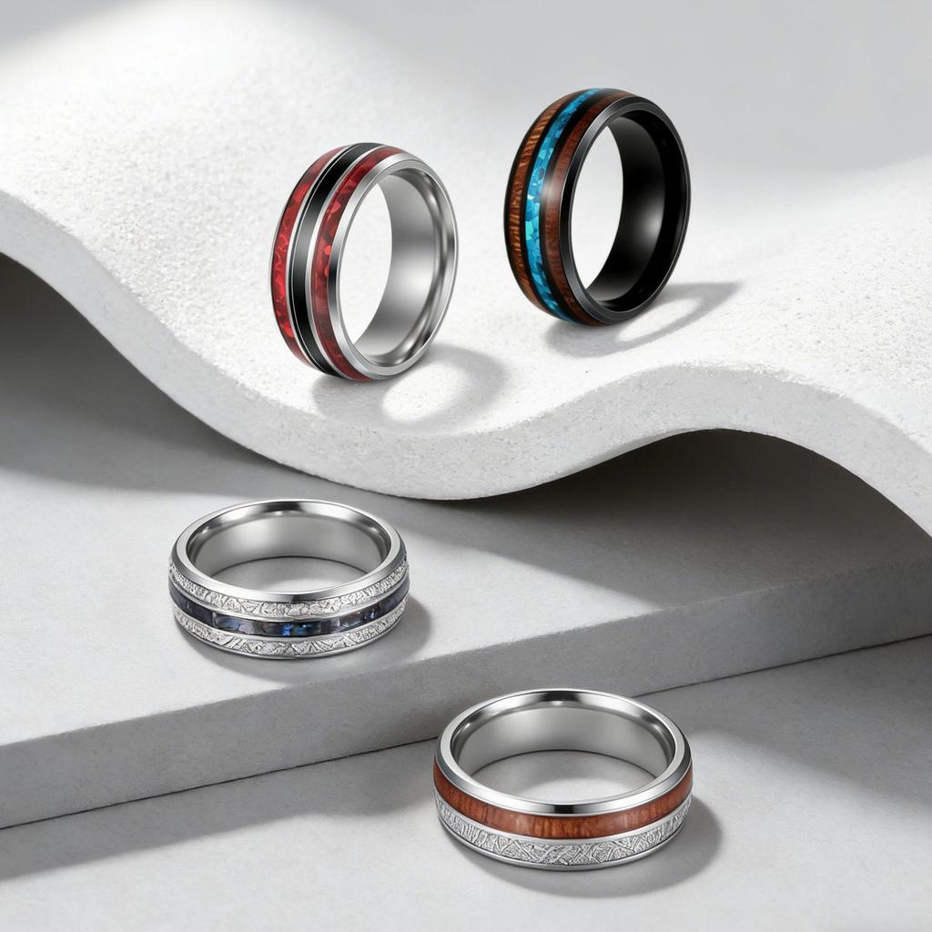 Мужское кольцо из титановой стали с инкрустацией из древесины акации и перламутра