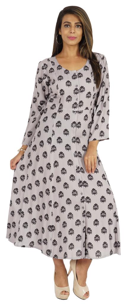 Bimba Printed Maxi Dress For Women Front Button Placket Ethnic Dress Casual Rayon