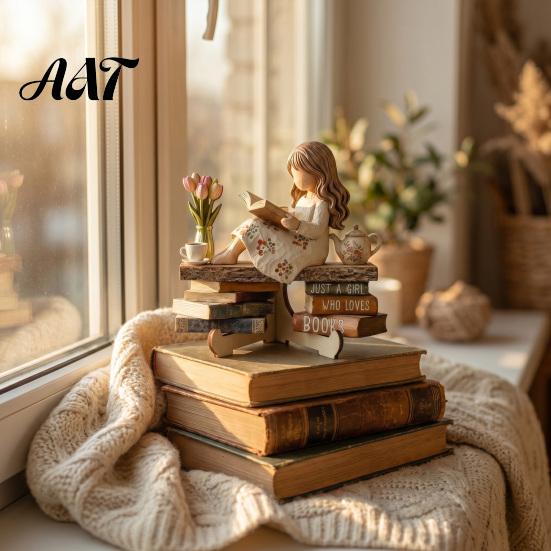 Exquisite Desktop Figurine Decor Wooden Reading Girl Figurine, Stable Pastoral Style Statue Decorative for Desk Decor, Artistic Healing Ornament,