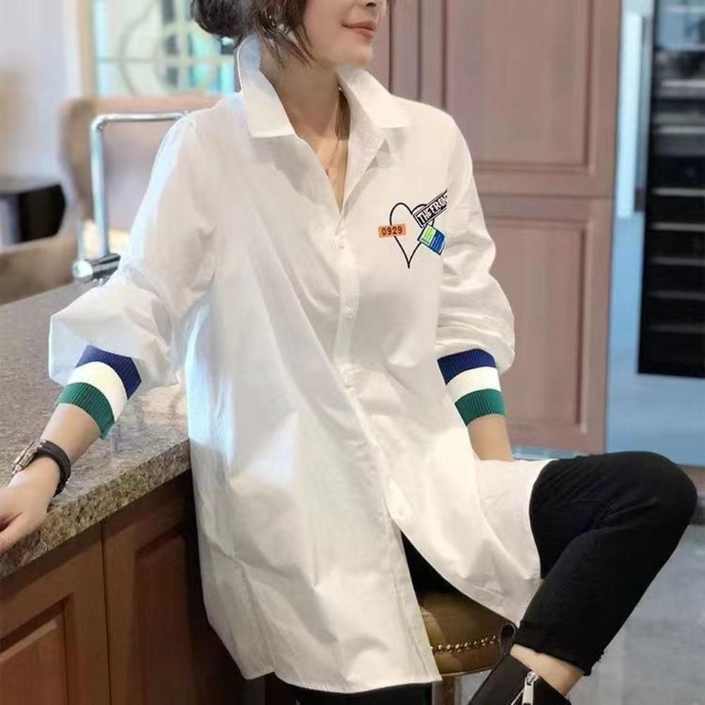 White Long-sleeved Shirt Women Loose Plus Size Top Spring and Autumn New Women Turn-down Collar Long Sleeve All-match Tops