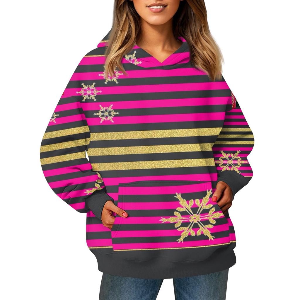 Ladies' Fashionable Long Sleeved Pullover With Christmas Print Hooded Pocket Sweatshirt