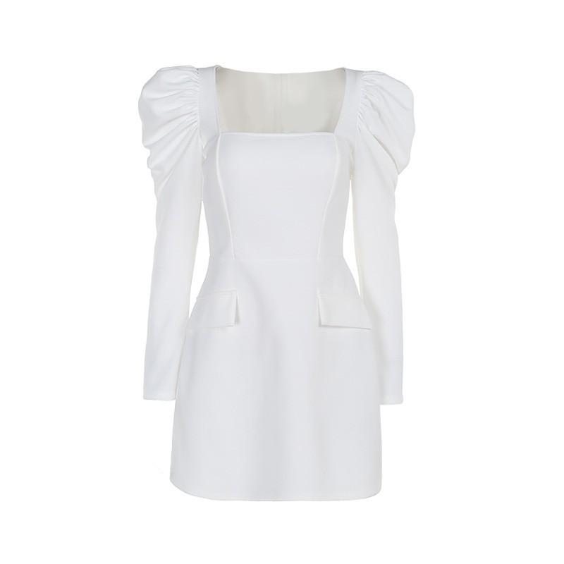 Womens Elegant Square Neck Long Sleeve A-Line Mini Dress Slim Fit Fashion Party Wear