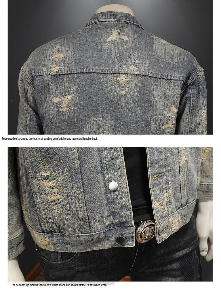 Мужская ретро-куртка из жакардового денима с потертостями и стиркой - Повседневная и крутая