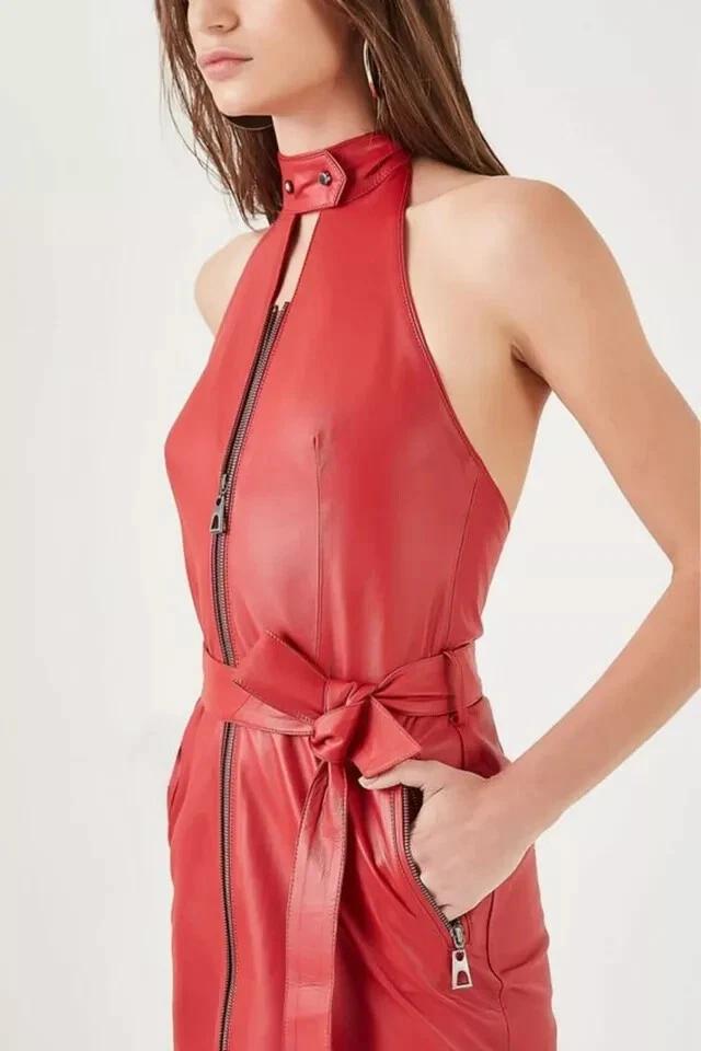 Новое женское платье из красной кожи ручной работы на молнии, из мягкой овчины, стильный трендовый наряд