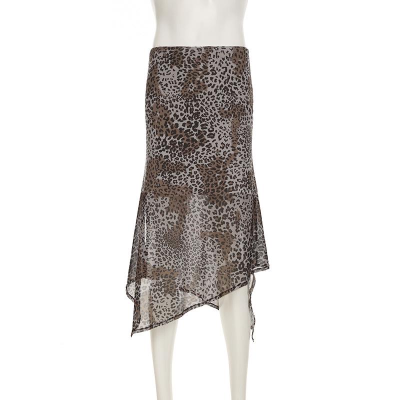 Осень/Зима 2024 Европейский и Американский Стиль Леопардовый Принт Сетка Асимметричная Длинная Юбка