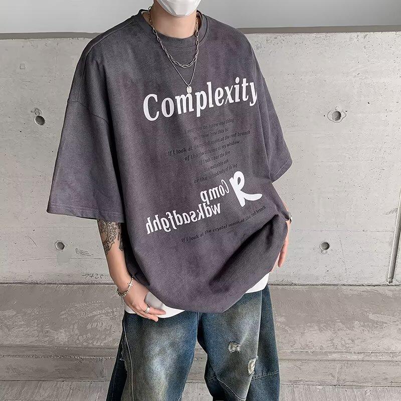 Летняя американская ретро-печать с коротким рукавом, мужская модная рабочая рубашка с круглым вырезом, свободный крой